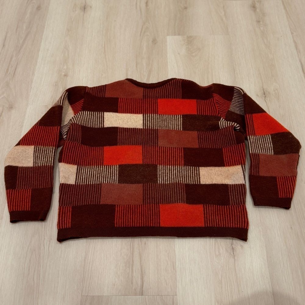 VTG! Demetre Red Cream Brown Color Block‎ Pure Virgin Wool Knit L 90s 80s Retro - Picture 2 of 9